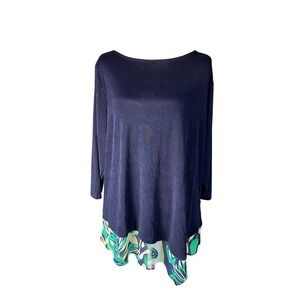 Chicos Travelers Women's Shirt XL Blue Floral Trim Asymmetrical Slinky Sz 3P